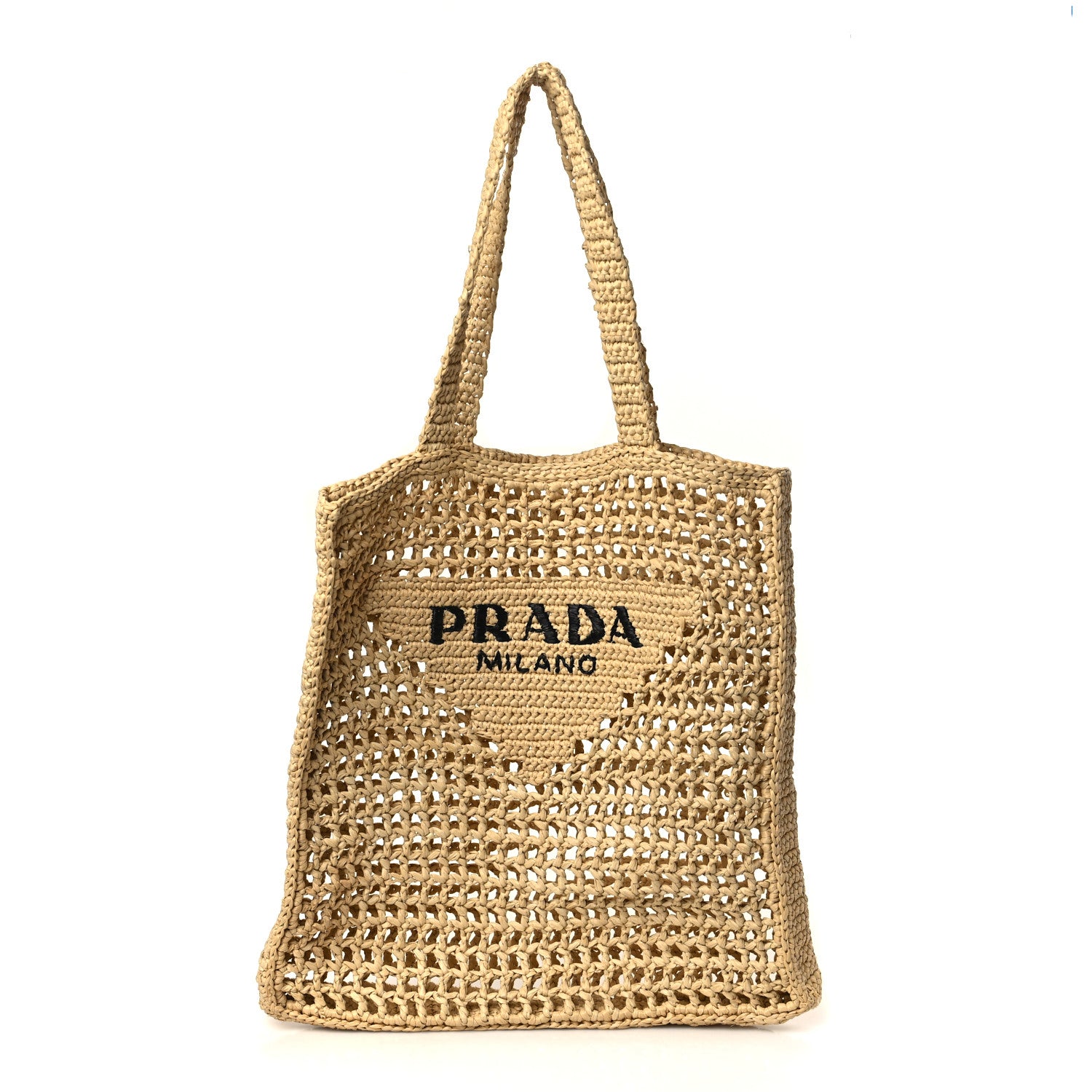 Prada Yarn Raffia Effect Crochet Logo Embroidered Tote Bag Naturale 1 of 8