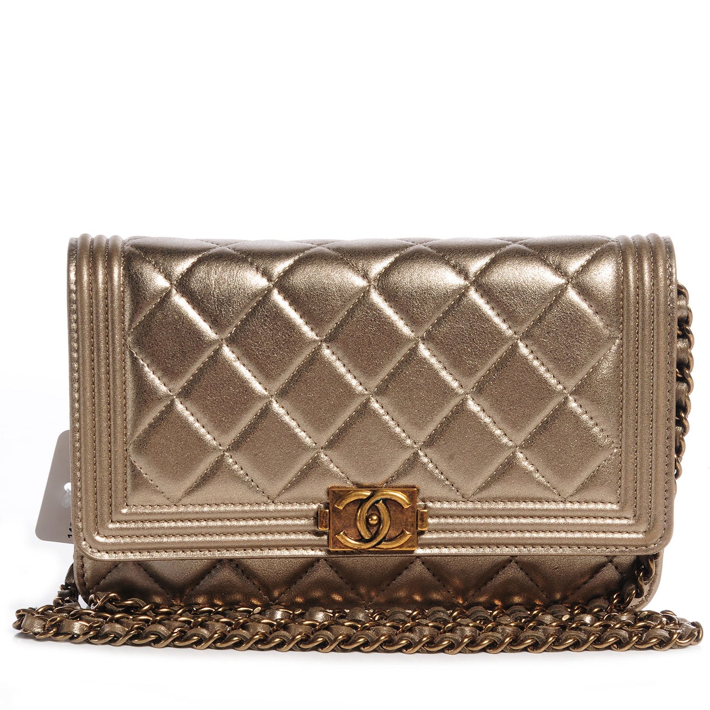 Metallic Lambskin Quilted Boy Wallet On Chain WOC Gold