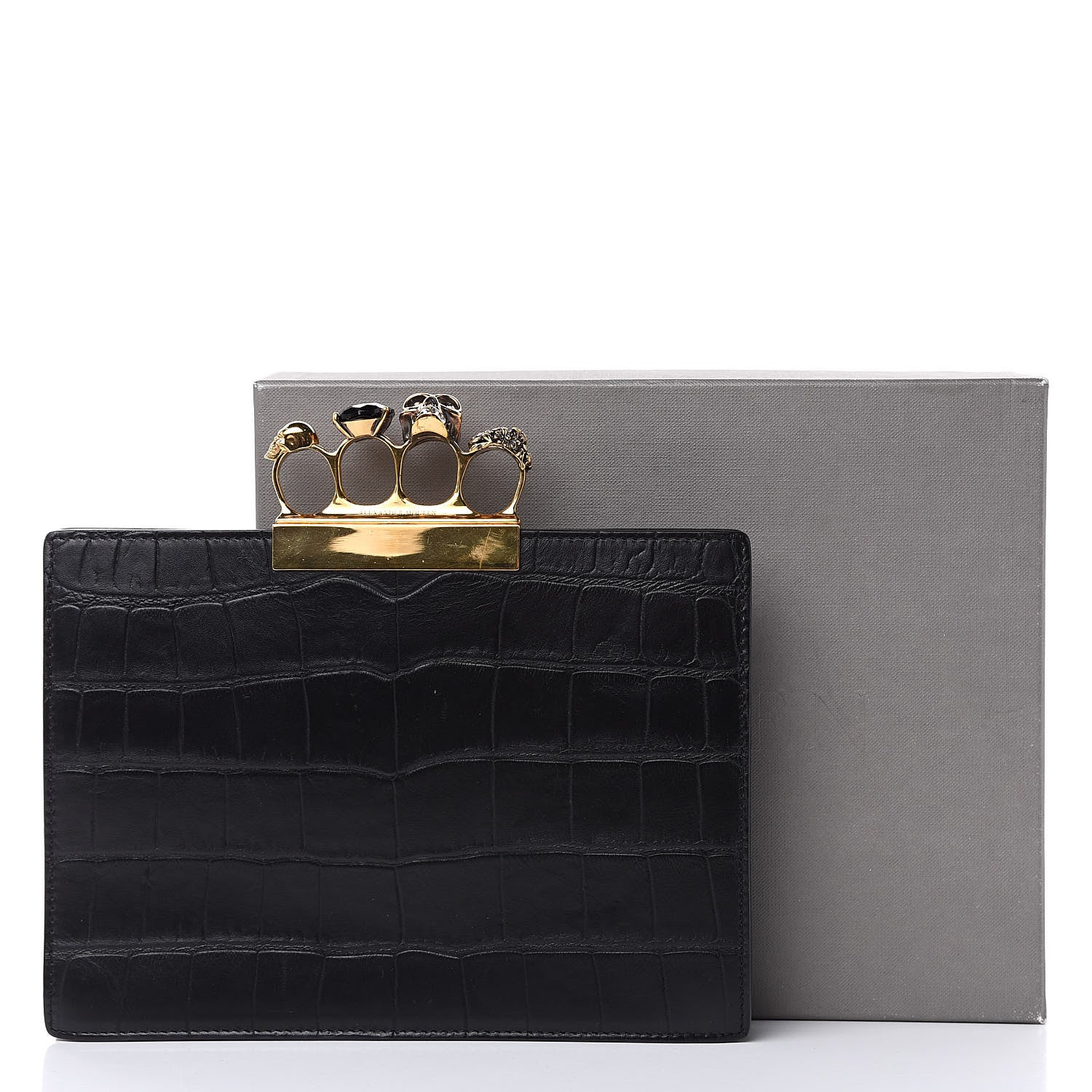 Alexander McQueen Calfskin Crocodile Embossed Knuckle Flat Clutch Black Gold 9 of 9