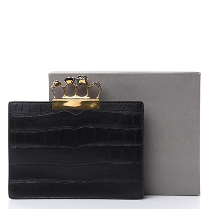 Alexander McQueen Calfskin Crocodile Embossed Knuckle Flat Clutch Black Gold 9 of 9