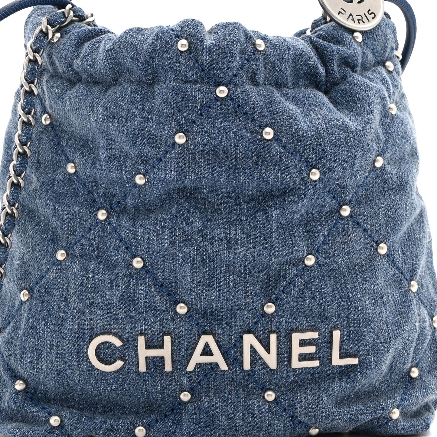 Washed Denim Quilted Studded Mini Chanel 22 Blue