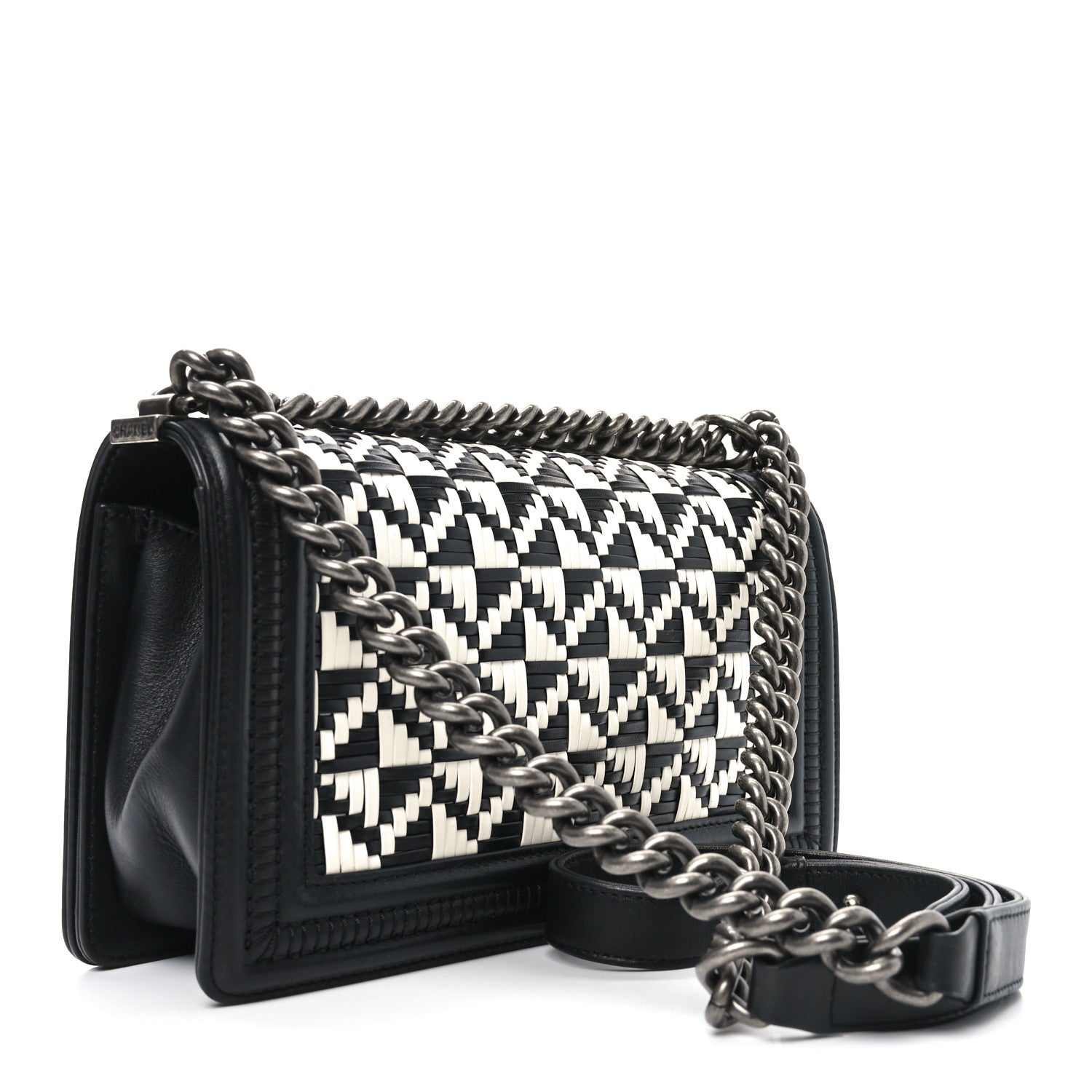 Chanel Calfskin Woven Medium Boy Flap Black White 3 of 10