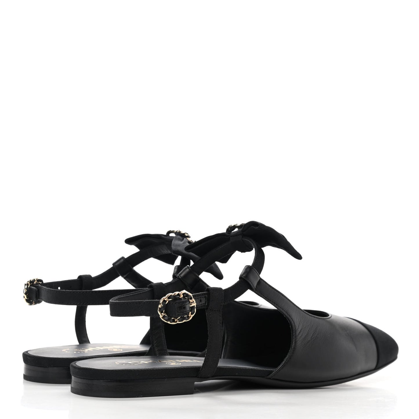 Lambskin Grosgrain Crystal Chain CC Logo Bow Slingback Flats 40.5 Black