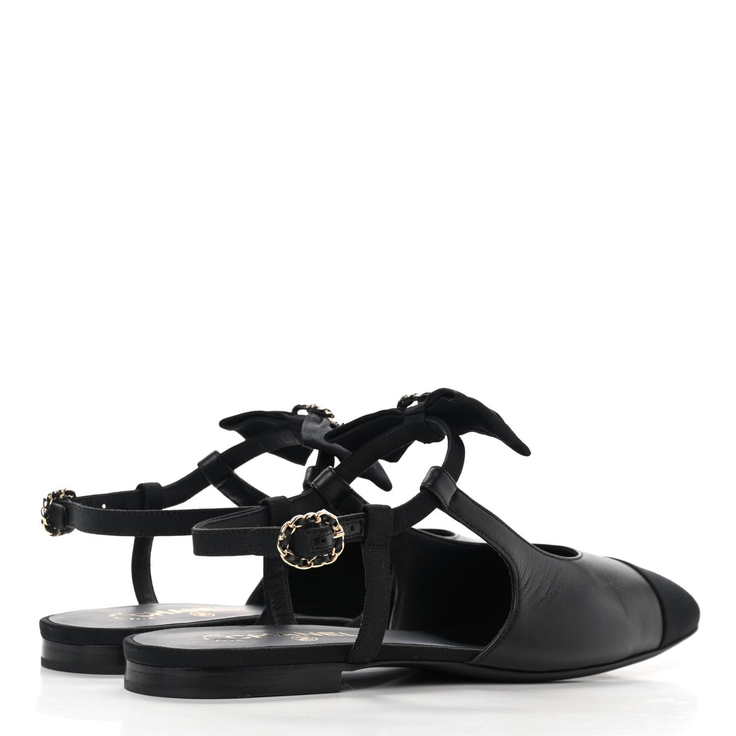 Chanel Lambskin Grosgrain Crystal Chain CC Logo Bow Slingback Flats 40.5 Black 4 of 10