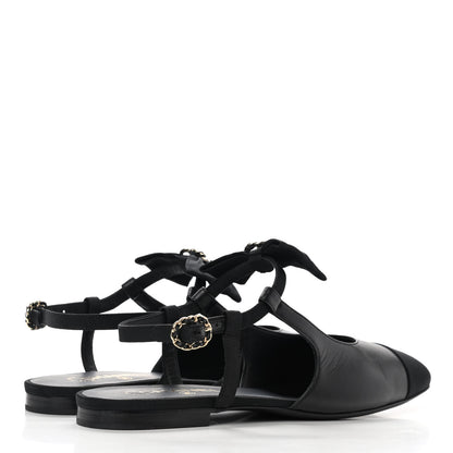 Chanel Lambskin Grosgrain Crystal Chain CC Logo Bow Slingback Flats 40.5 Black 4 of 10