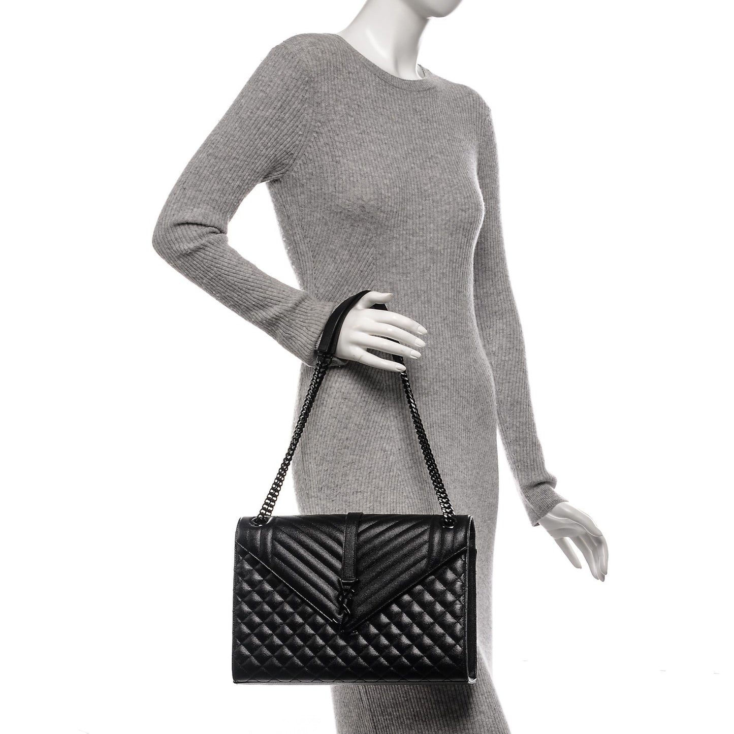 Grain De Poudre Textured Mixed Matelasse Large Triquilt Monogram Monochrome Satchel Black