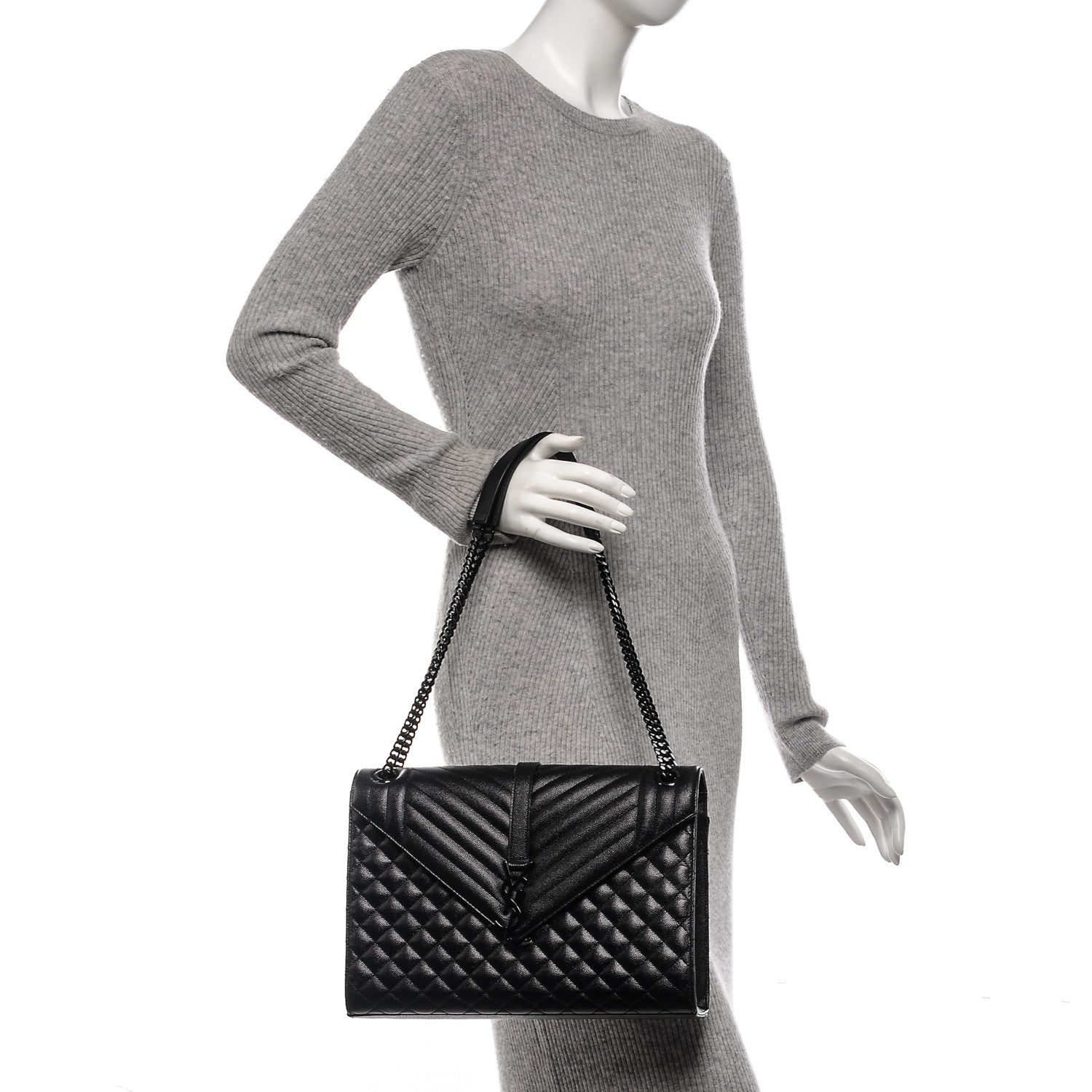 Saint Laurent Grain De Poudre Textured Mixed Matelasse Large Triquilt Monogram Monochrome Satchel Black 2 of 7