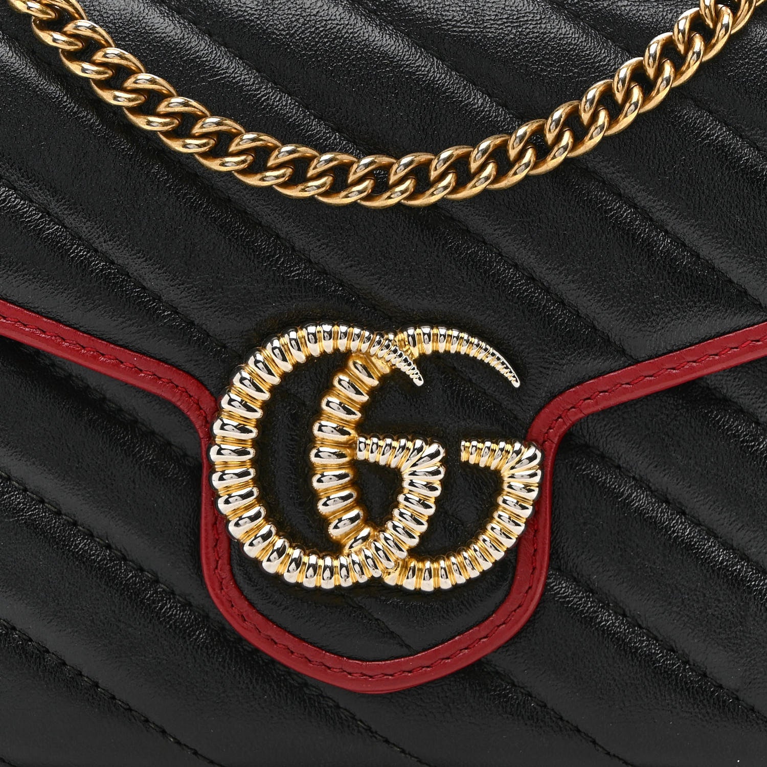 Gucci Vintage Effect Calfskin Matelasse Diagonal Torchon GG Marmont Chain Wallet Black Romantic Cherry 8 of 11