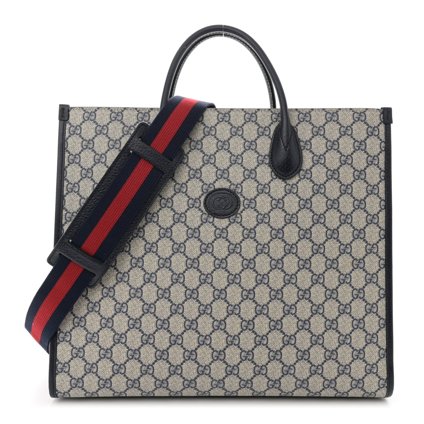 GG Supreme Monogram Textured Dollar Calfskin Web Medium Retro Interlocking G Tote Bag Beige Blue