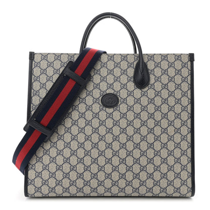 Gucci GG Supreme Monogram Textured Dollar Calfskin Web Medium Retro Interlocking G Tote Bag Beige Blue 1 of 10