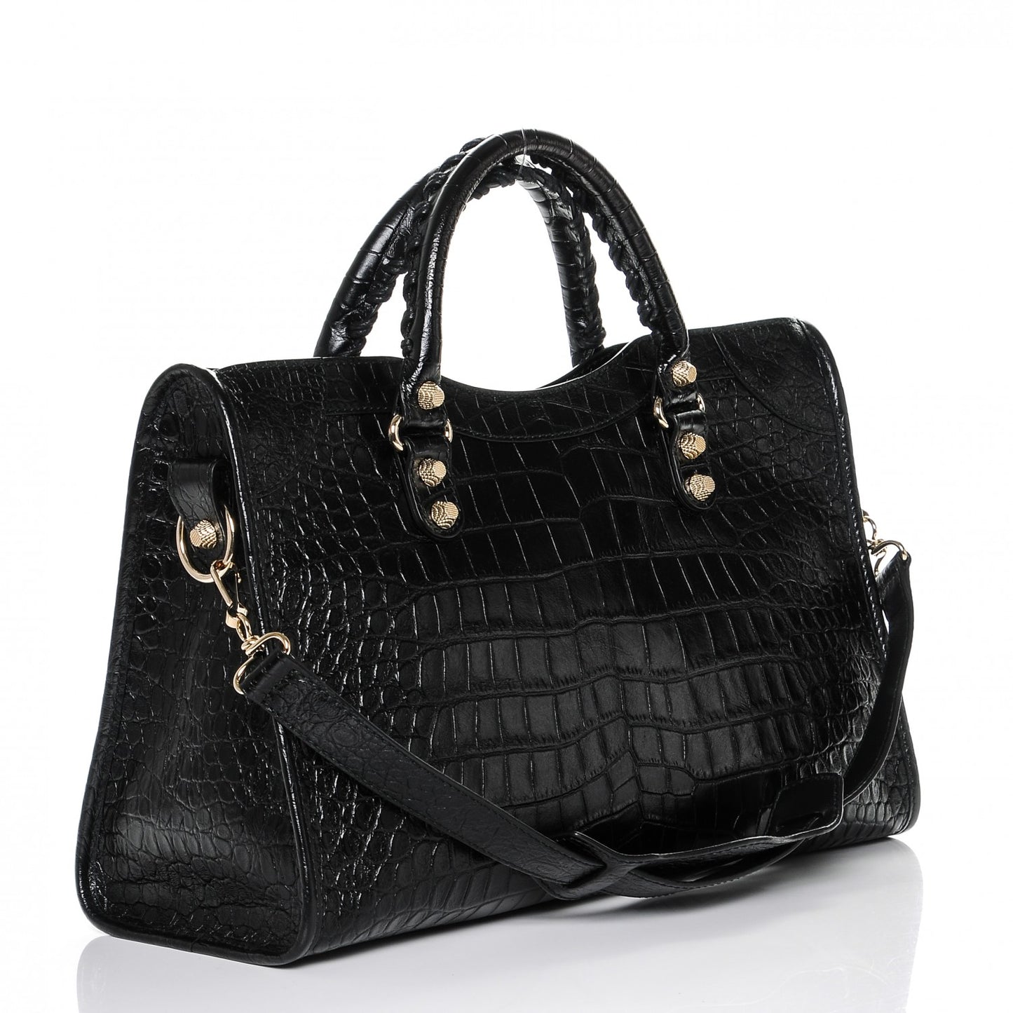 Calfskin Crocodile Embossed Giant 12 Gold Hardware City Black