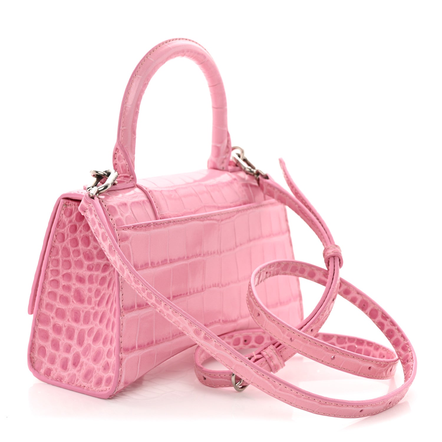 Balenciaga Shiny Calfskin Crocodile Embossed Hourglass Top Handle Bag XS Sweet Pink 2 of 13