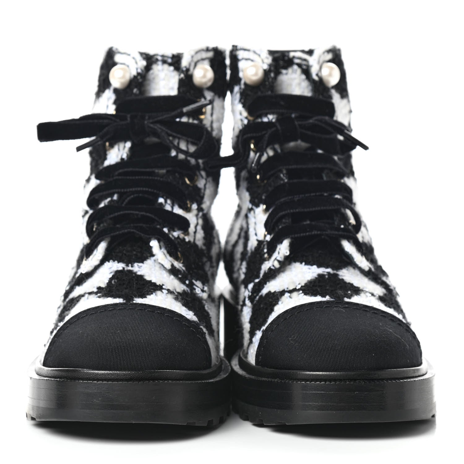 Chanel Tweed Grosgrain Pearl Combat Short Boots 37 White Black 2 of 11