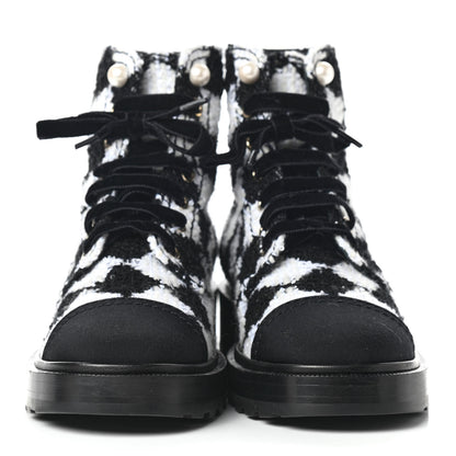 Chanel Tweed Grosgrain Pearl Combat Short Boots 37 White Black 2 of 11