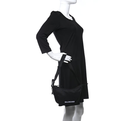 Balenciaga Recycled Sport Nylon Logo Embroidered Large Wheel Sling Bag Black White 2 of 11