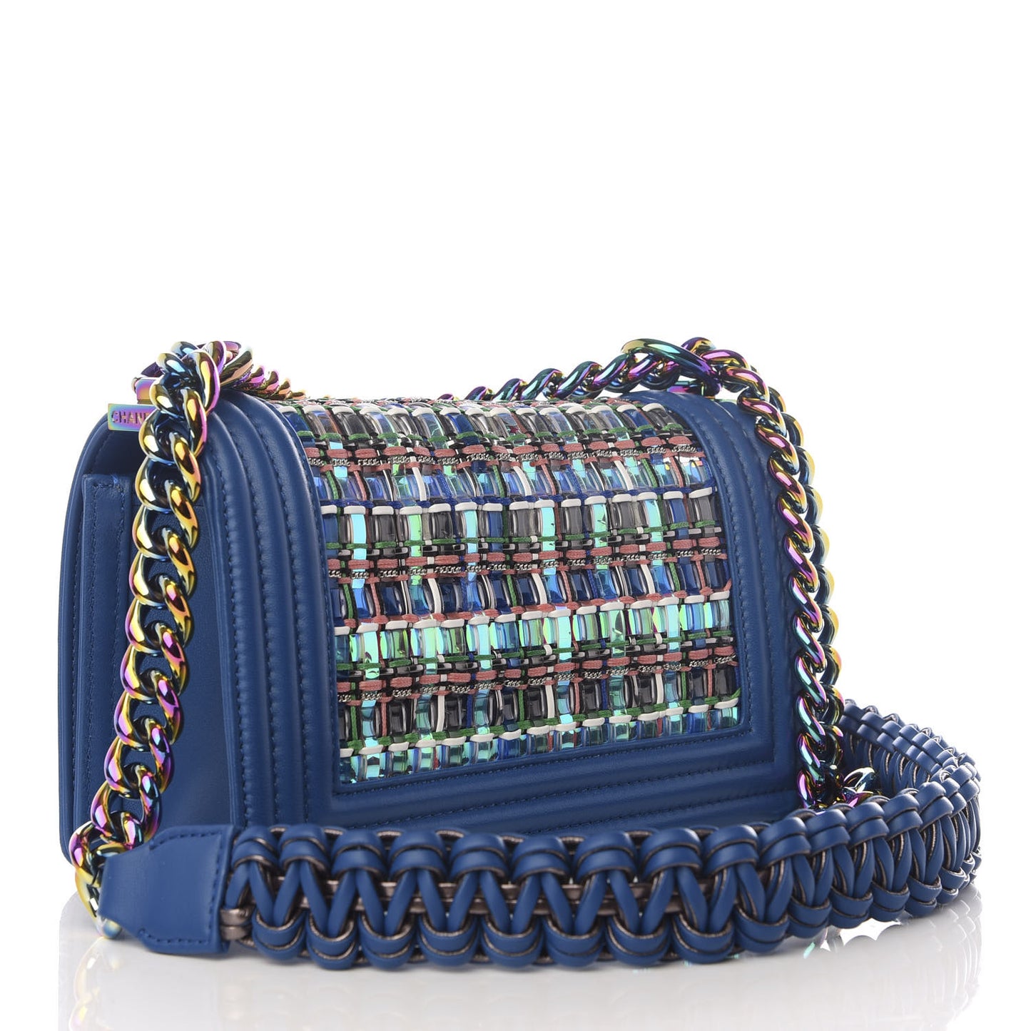 Lambskin PVC Thread Woven Small Boy Flap Dark Blue
