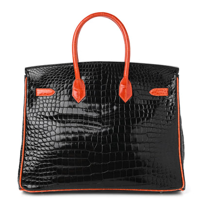 Hermes Shiny Porosus Crocodile Birkin 35 Black Orange 4 of 34