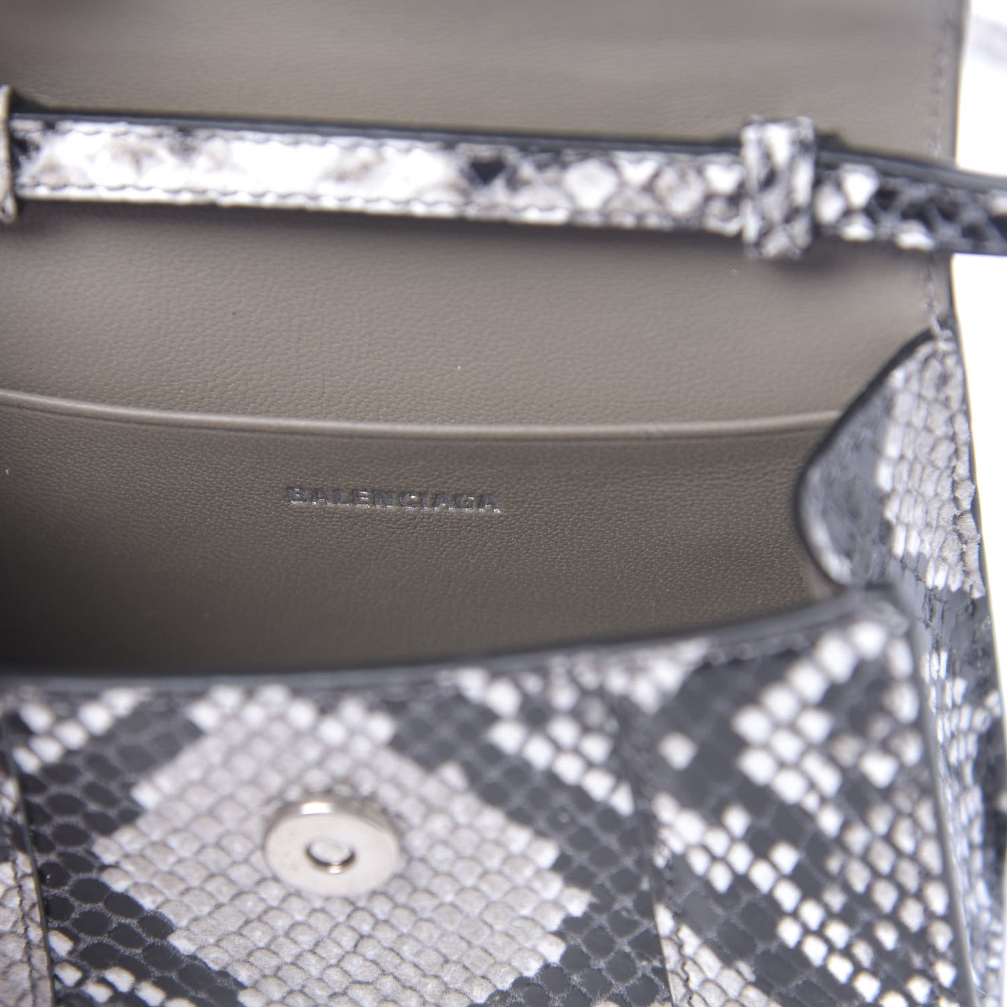 Shiny Calfskin Python Effect Hourglass Top Handle Bag Mini Black White