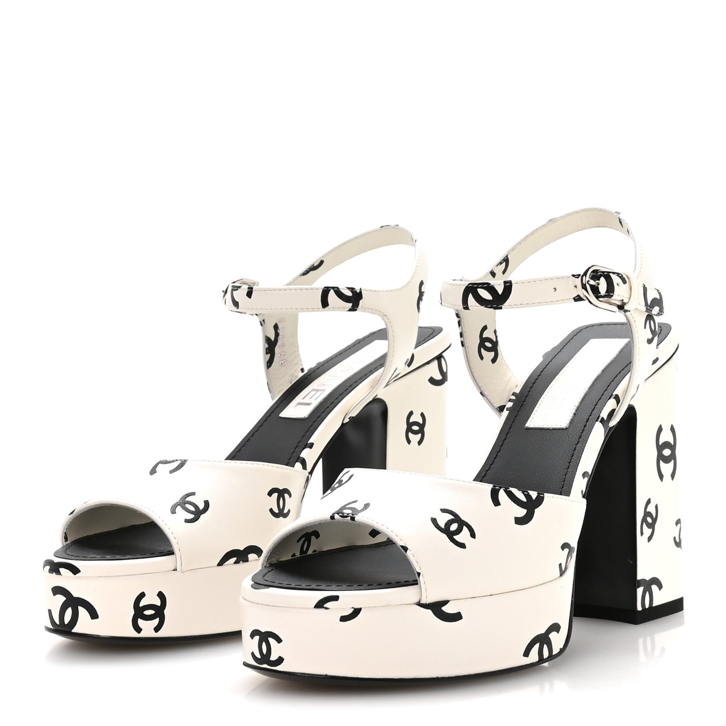 Printed Lambskin CC Platform Sandals 37 White Black
