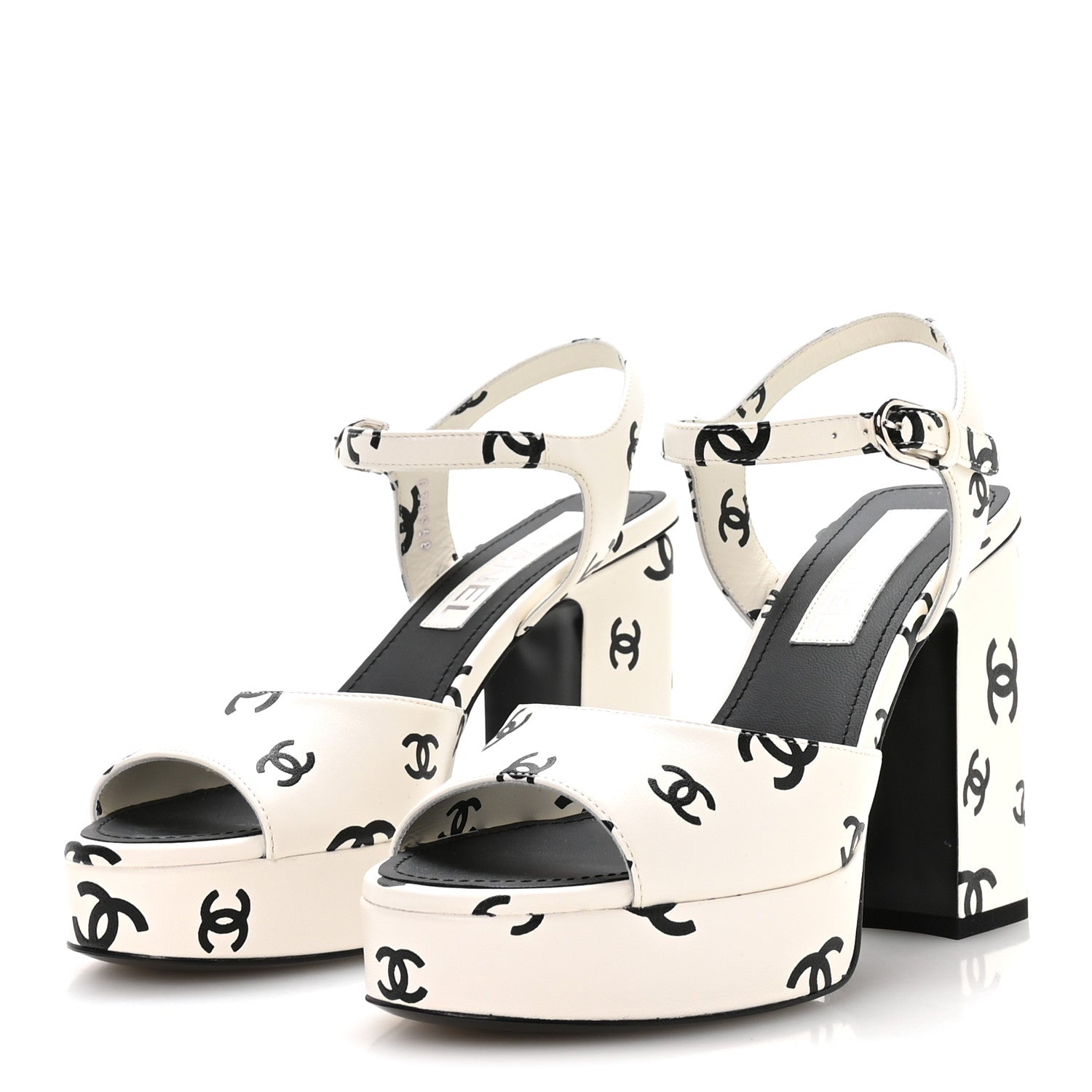 Chanel Printed Lambskin CC Platform Sandals 37 White Black 4 of 9