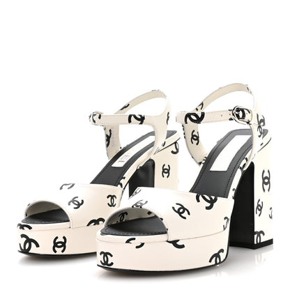 Chanel Printed Lambskin CC Platform Sandals 37 White Black 4 of 9