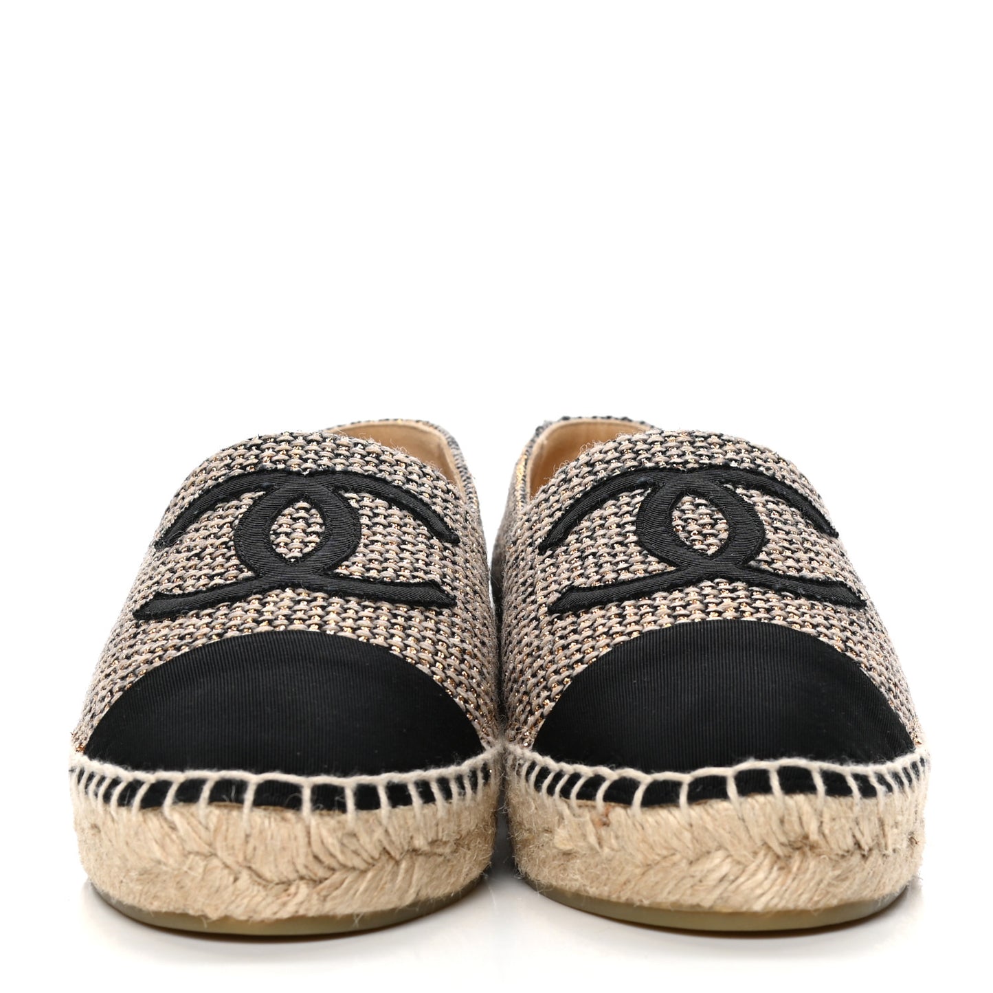 Tweed Grosgrain CC Espadrilles 39 Gold Beige Black