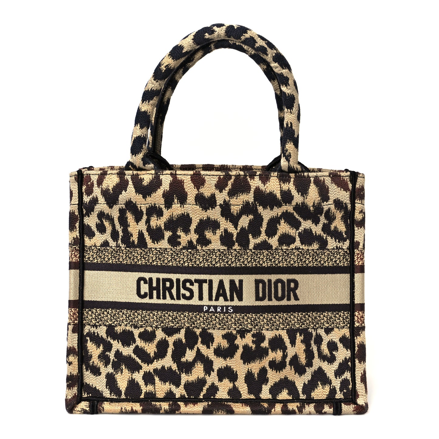 Canvas Mizza Embroidered Small Leopard Book Tote Beige