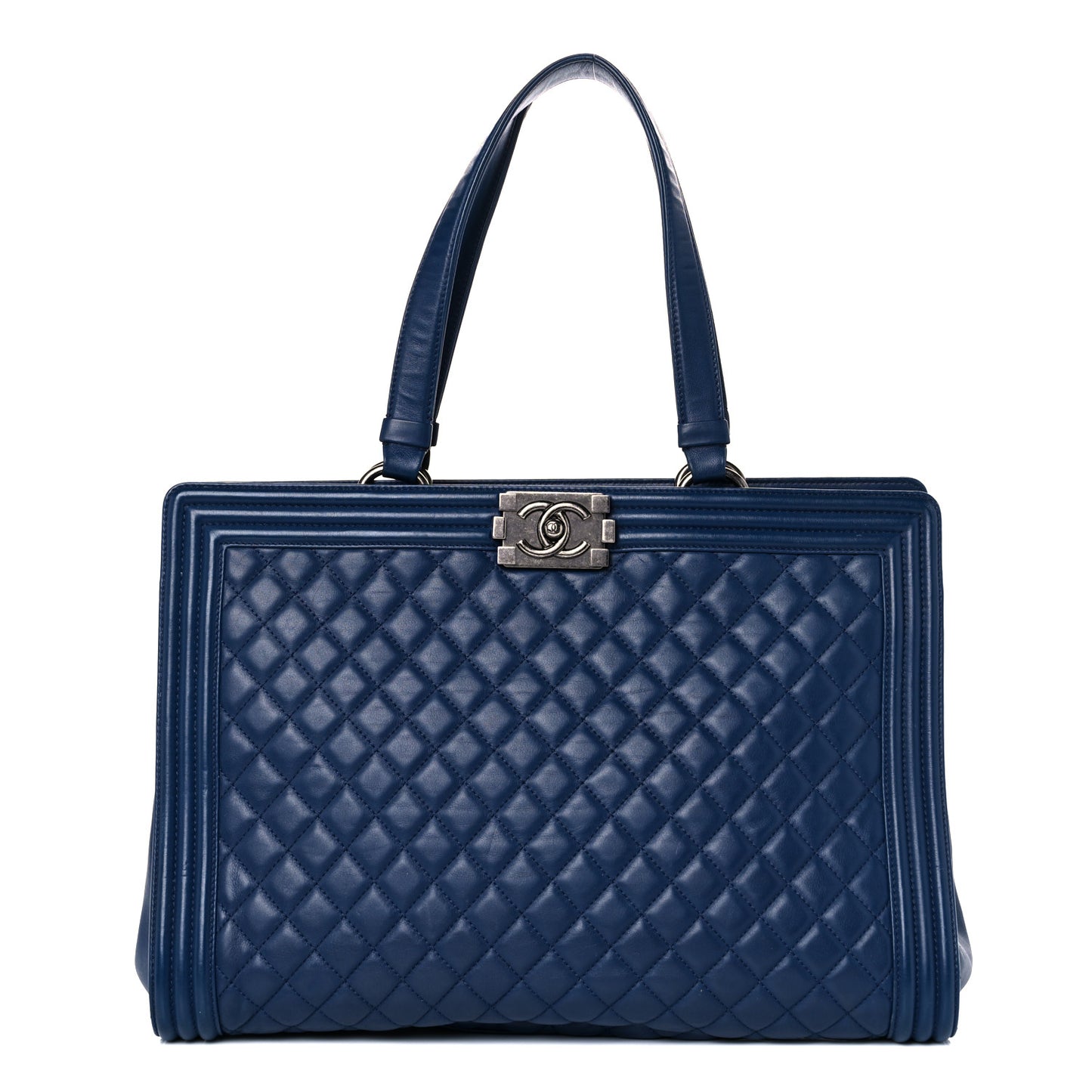 Calfskin Quilted Boy Shopping Tote Navy Blue