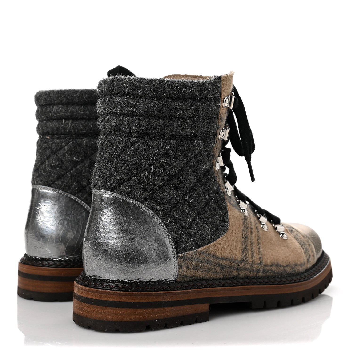 Chanel Tweed Flannel Calfskin Quilted Lace Up Boots 38.5 Beige Black 4 of 9