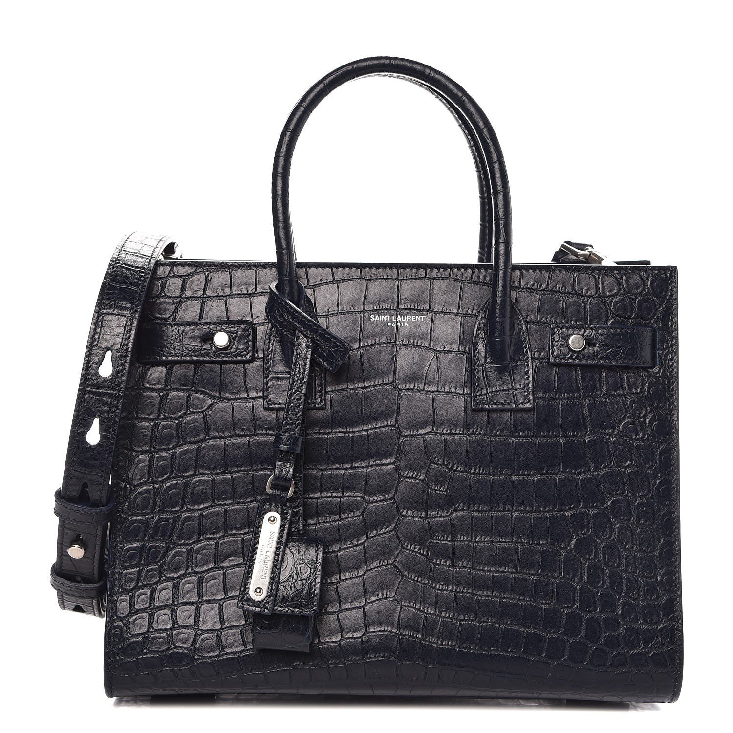 Saint Laurent Calfskin Crocodile Embossed Baby Supple Sac De Jour Navy 1 of 8