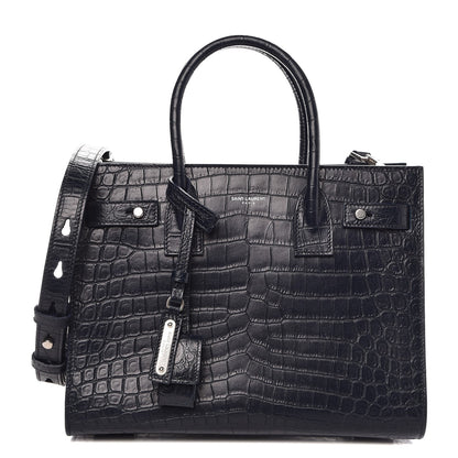 Saint Laurent Calfskin Crocodile Embossed Baby Supple Sac De Jour Navy 1 of 8