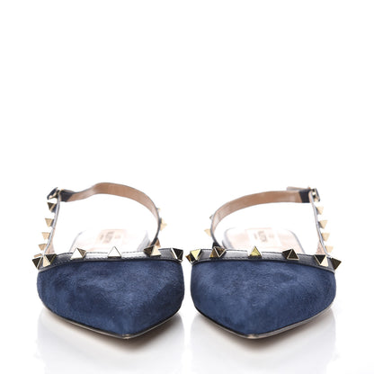 Valentino Garavani Suede Nappa Rockstud Slingback Flats 37 Marine 2 of 8