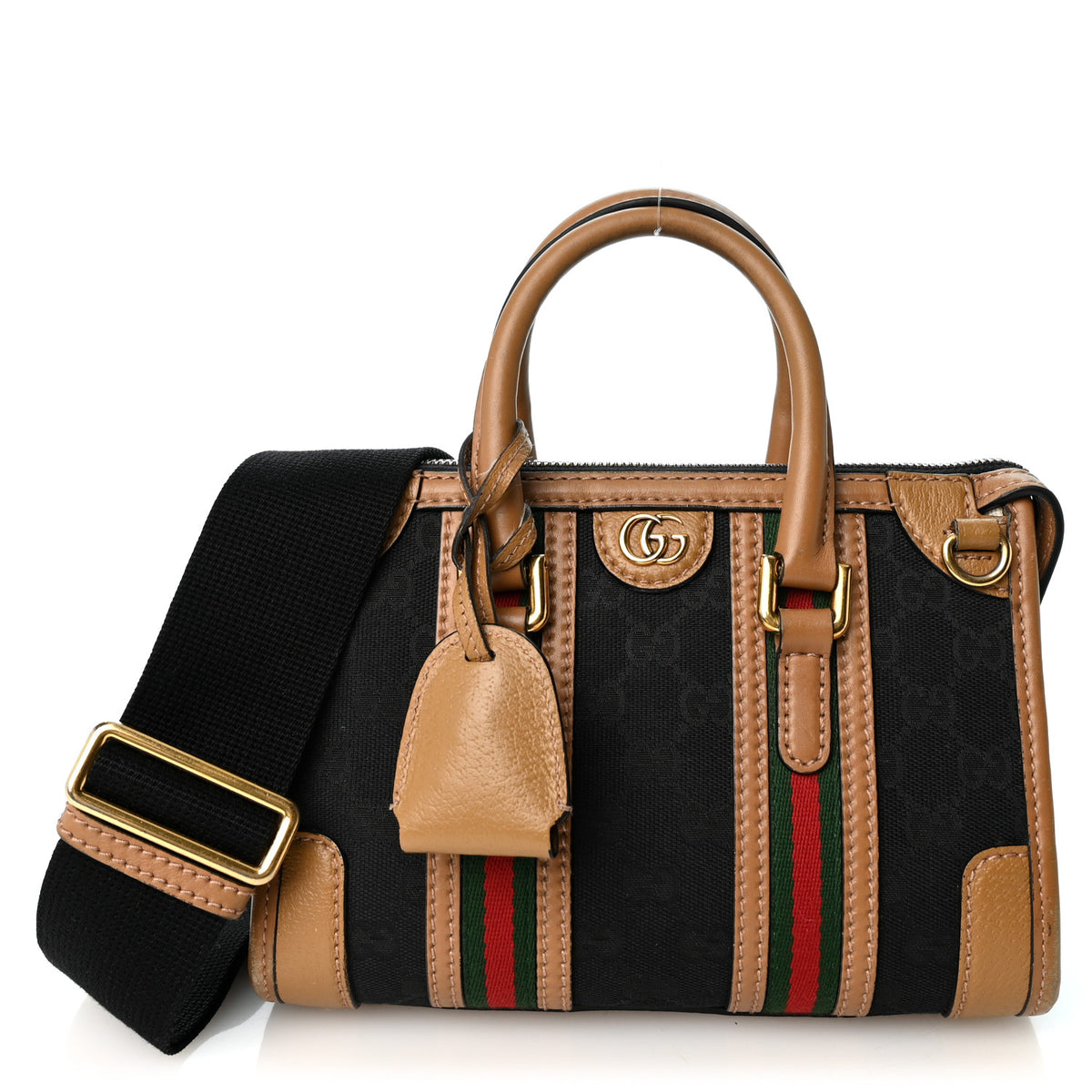 Gucci Monogram Textured Dollar Calfskin Web Mini Bauletto Duffle Top Handle Bag Black Koi Beige 1 of 13