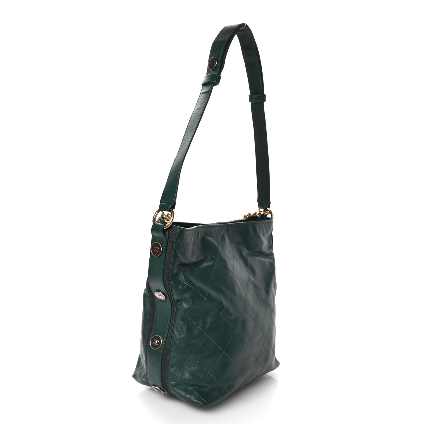Calfskin Stitched Large Button Up Hobo Dark Green