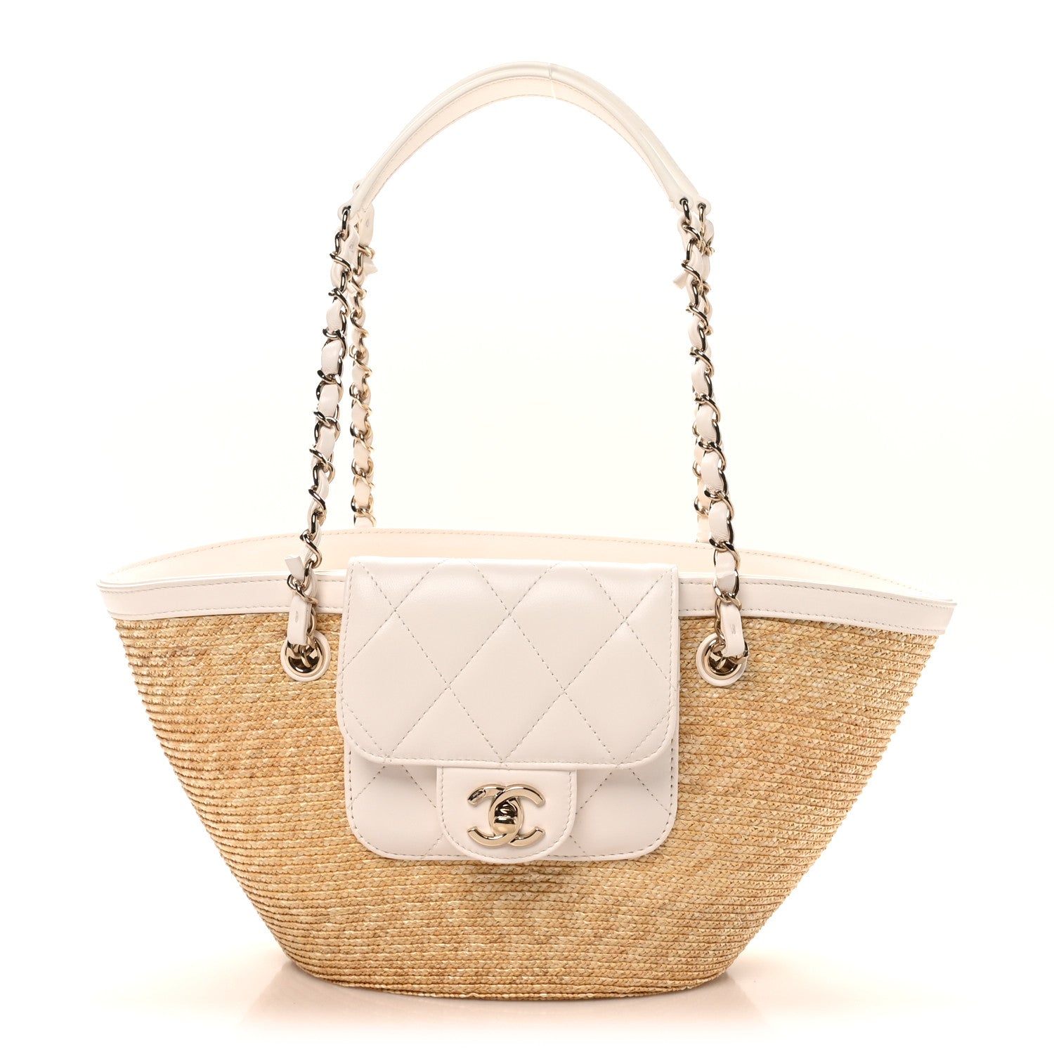 Chanel Raffia Braided Lambskin Small Shopping Tote Beige White 1 of 11