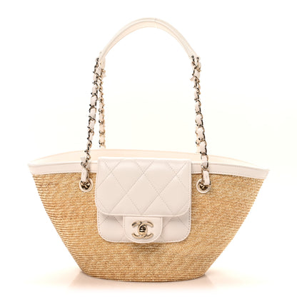 Chanel Raffia Braided Lambskin Small Shopping Tote Beige White 1 of 11