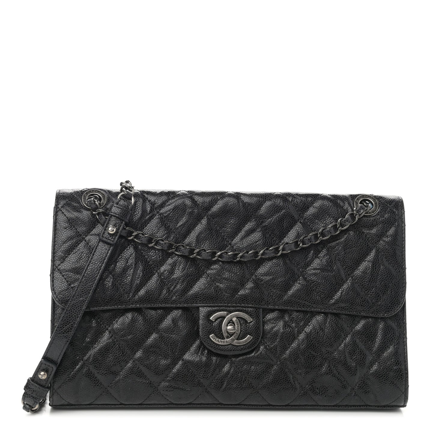Crumpled Grained Calfskin Jumbo CC Crave Flap Black