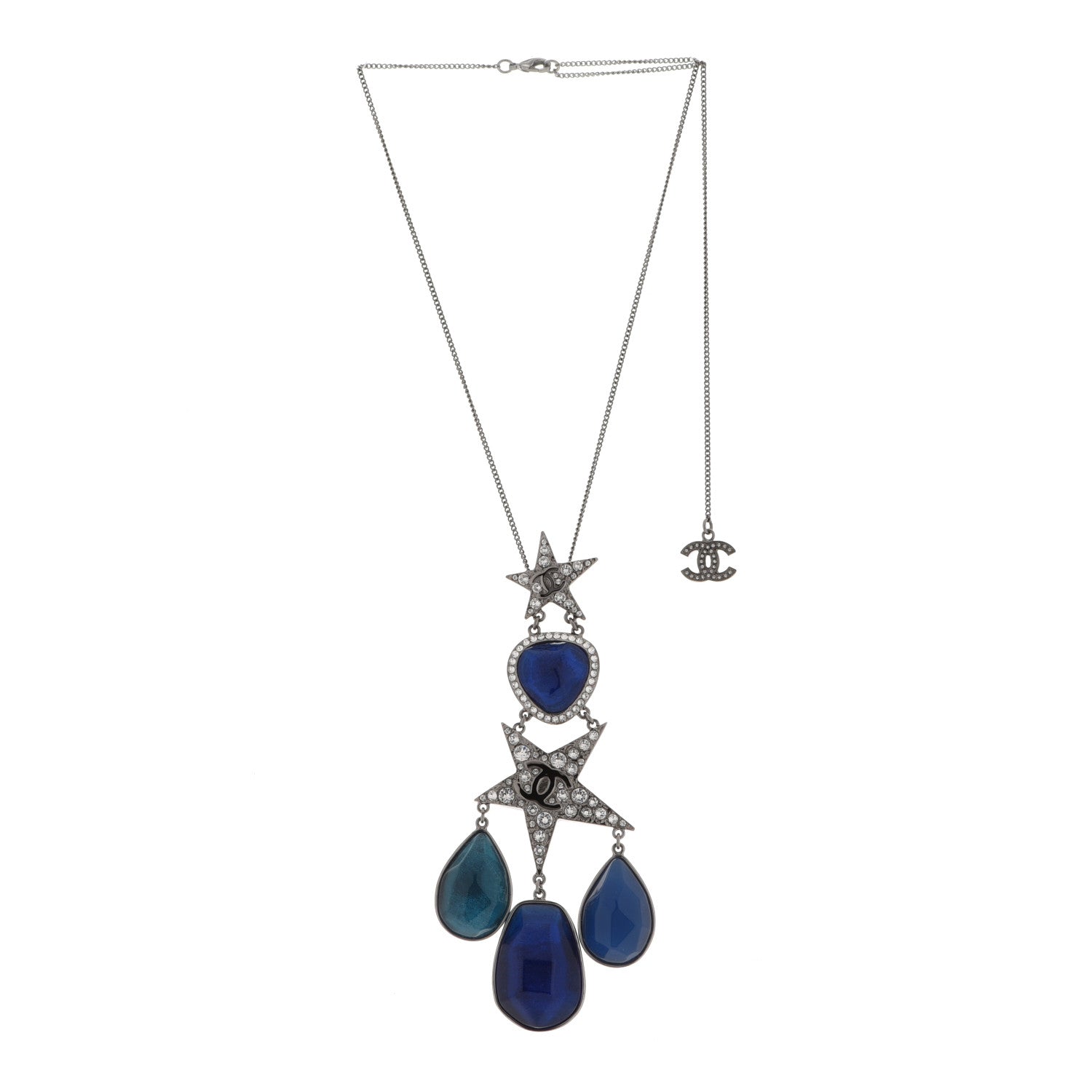 Chanel Crystal Resin CC Star Drop Necklace Silver Blue 3 of 6