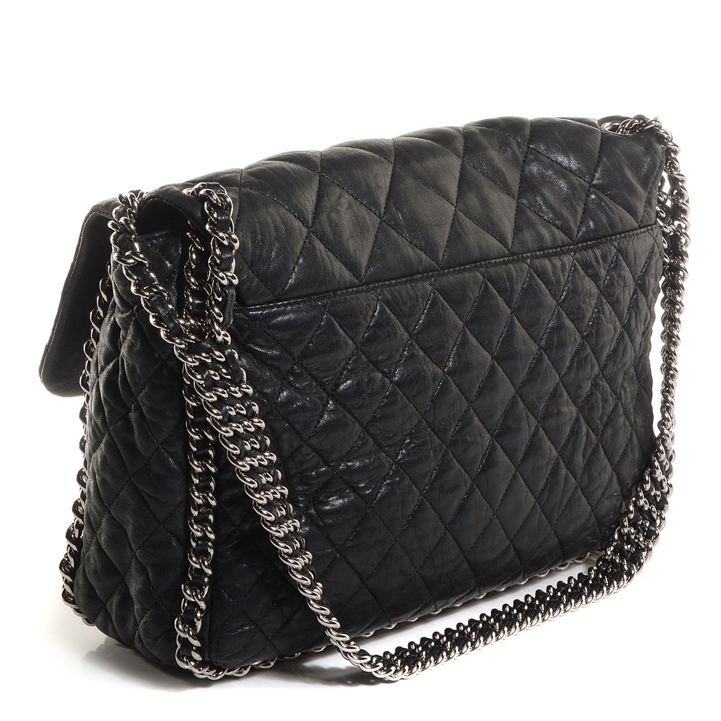 Crumpled Lambskin Chain Around Maxi Flap Bag Black