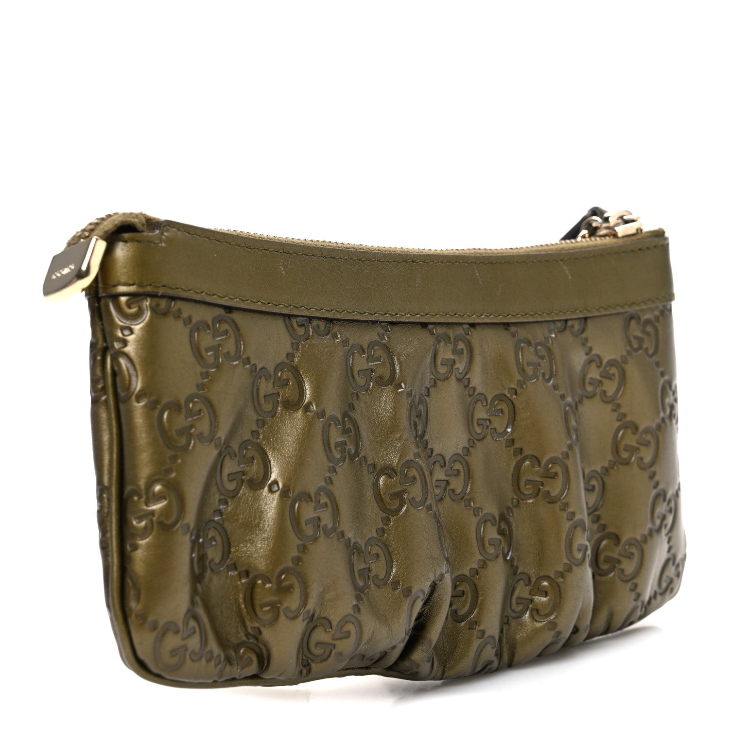 【極美品】GUCCI ノースリーブ ハワイ グリッターロゴプリント XS Gucci Metallic Soft Guccissima Signature New Britt Wristlet Green