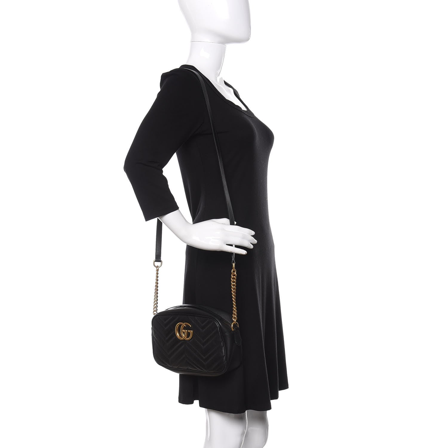 Gucci Calfskin Matelasse Small GG Marmont Chain Shoulder Bag Black 2 of 12