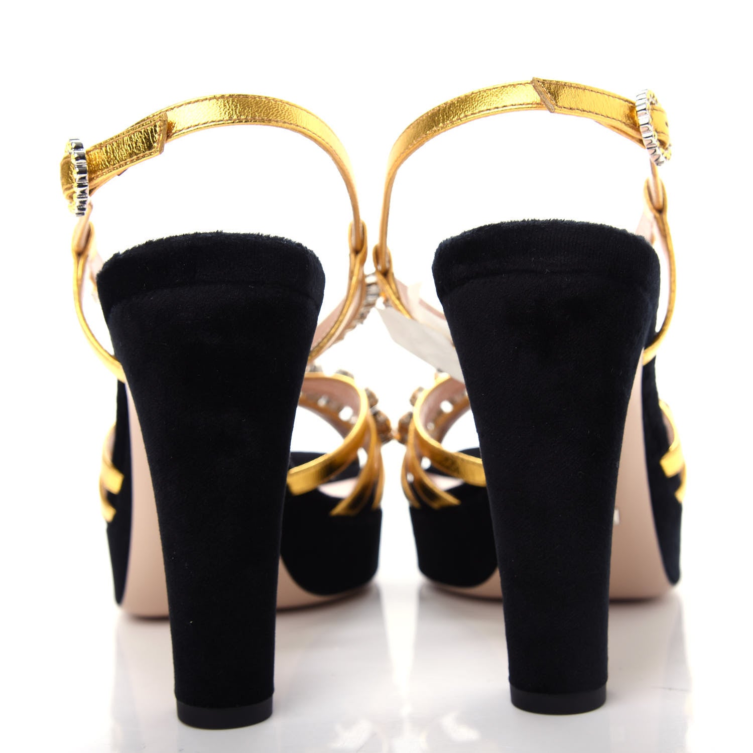 Gucci Velvet Nappa Crystal Zephyra Slingback Platform High Heel Sandals 37.5 Black Gold 7 of 10