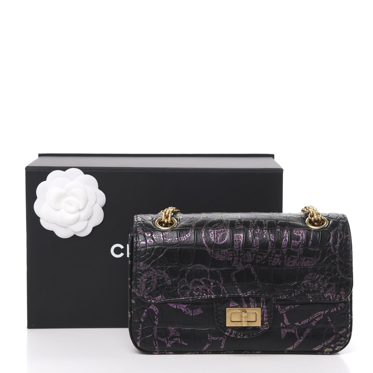 Calfskin Crocodile Embossed Graffiti 2.55 Mini Cocodile Reissue Flap Black Pink