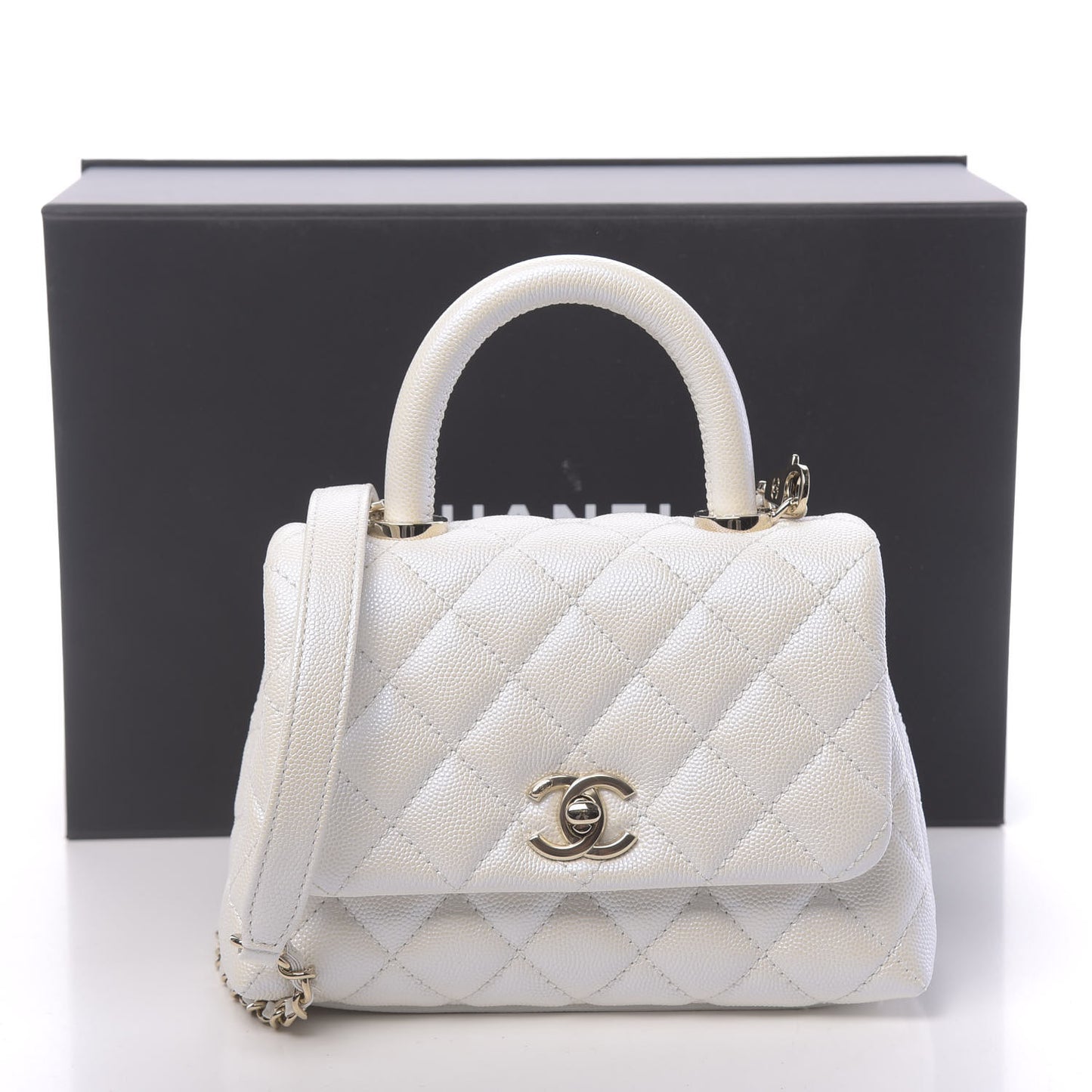 Iridescent Caviar Quilted Extra Mini Coco Handle Flap Ivory
