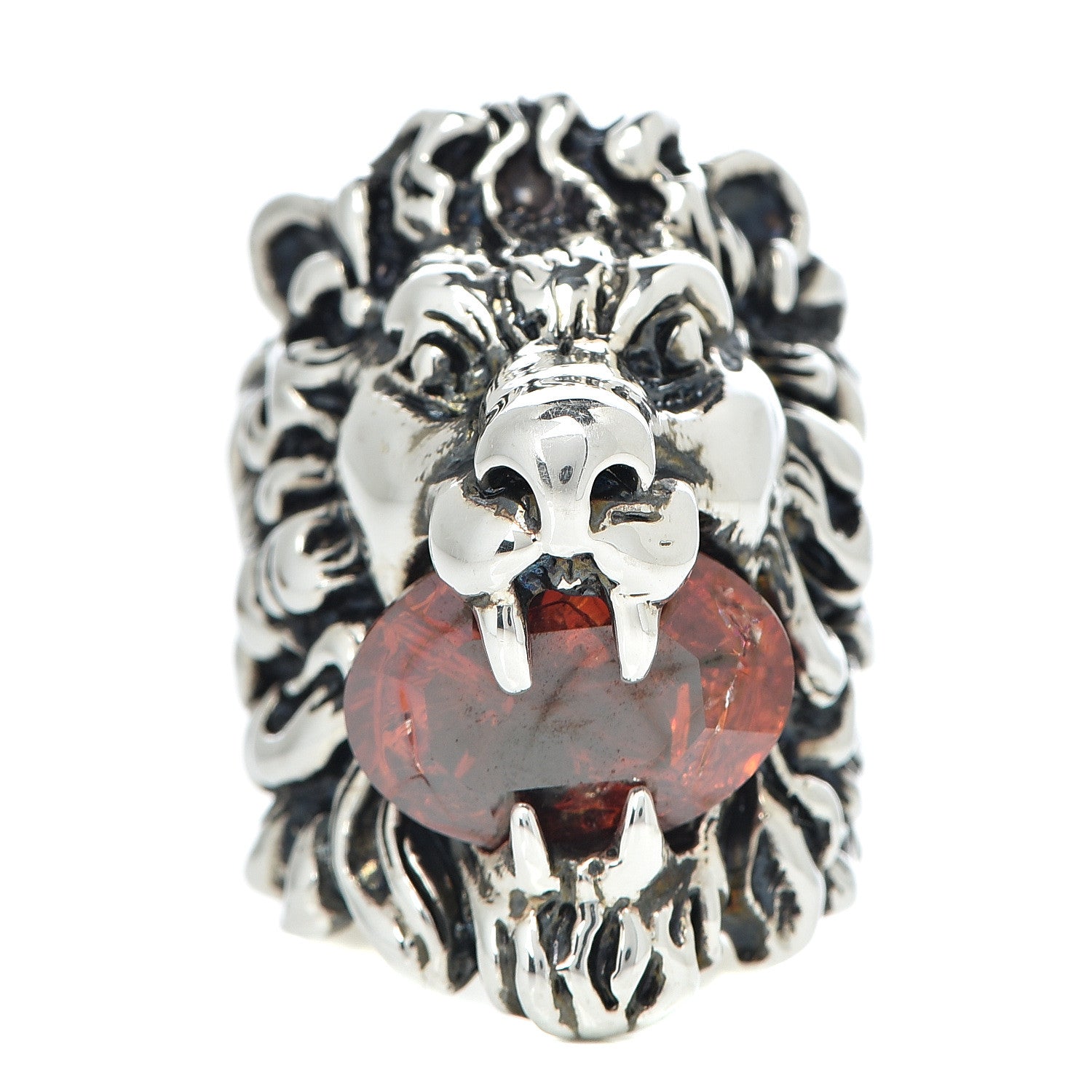 Gucci Metal Crystal Lion Head Ring 4.75 Red Aged Silver 1 of 9