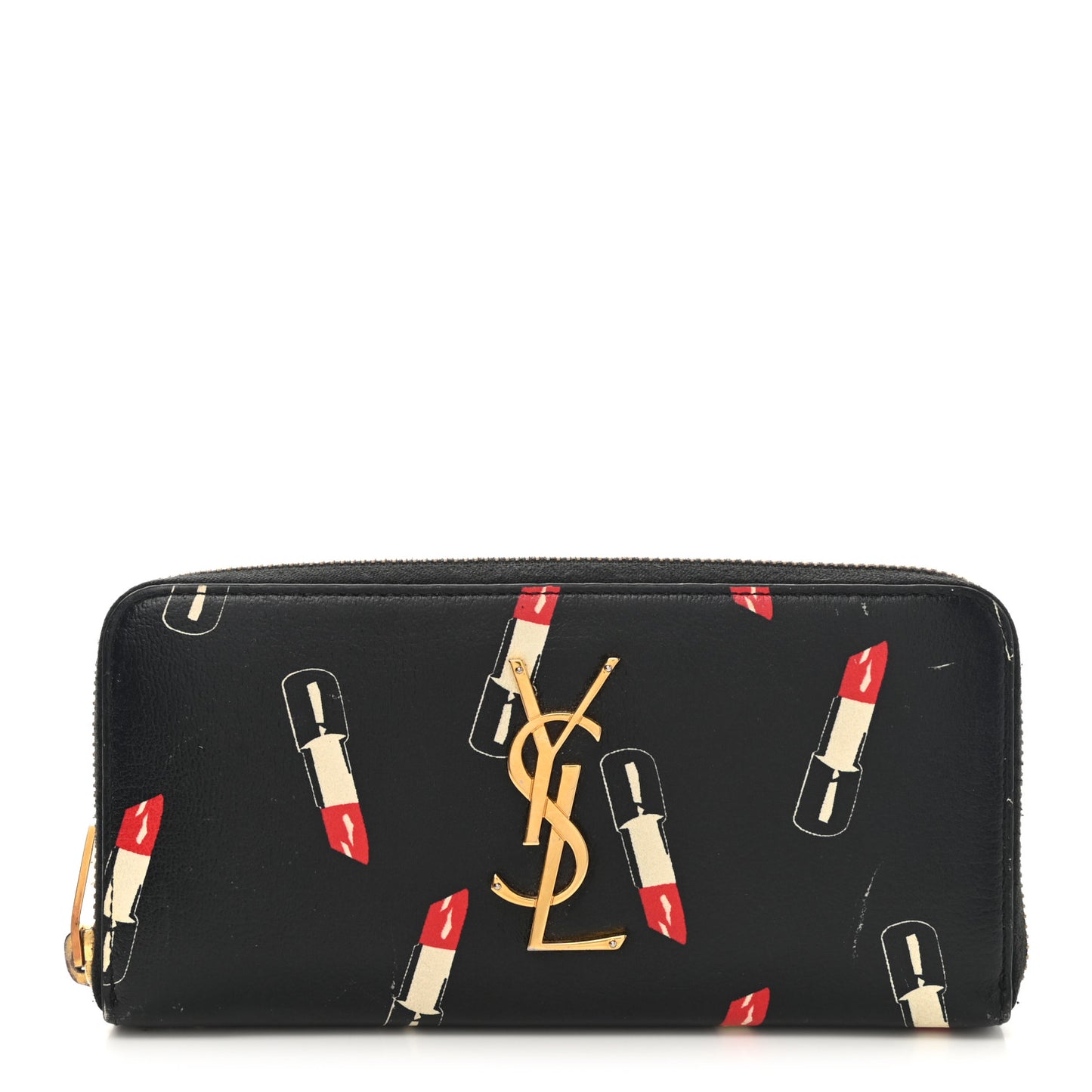 Calfskin Lipstick Print Monogram Zip Around Wallet Black