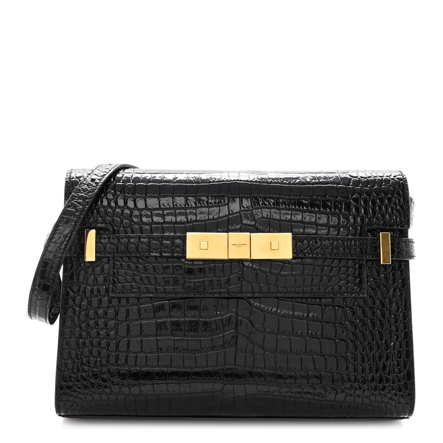 Shiny Calfskin Crocodile Embossed Small Manhattan Baguette Black