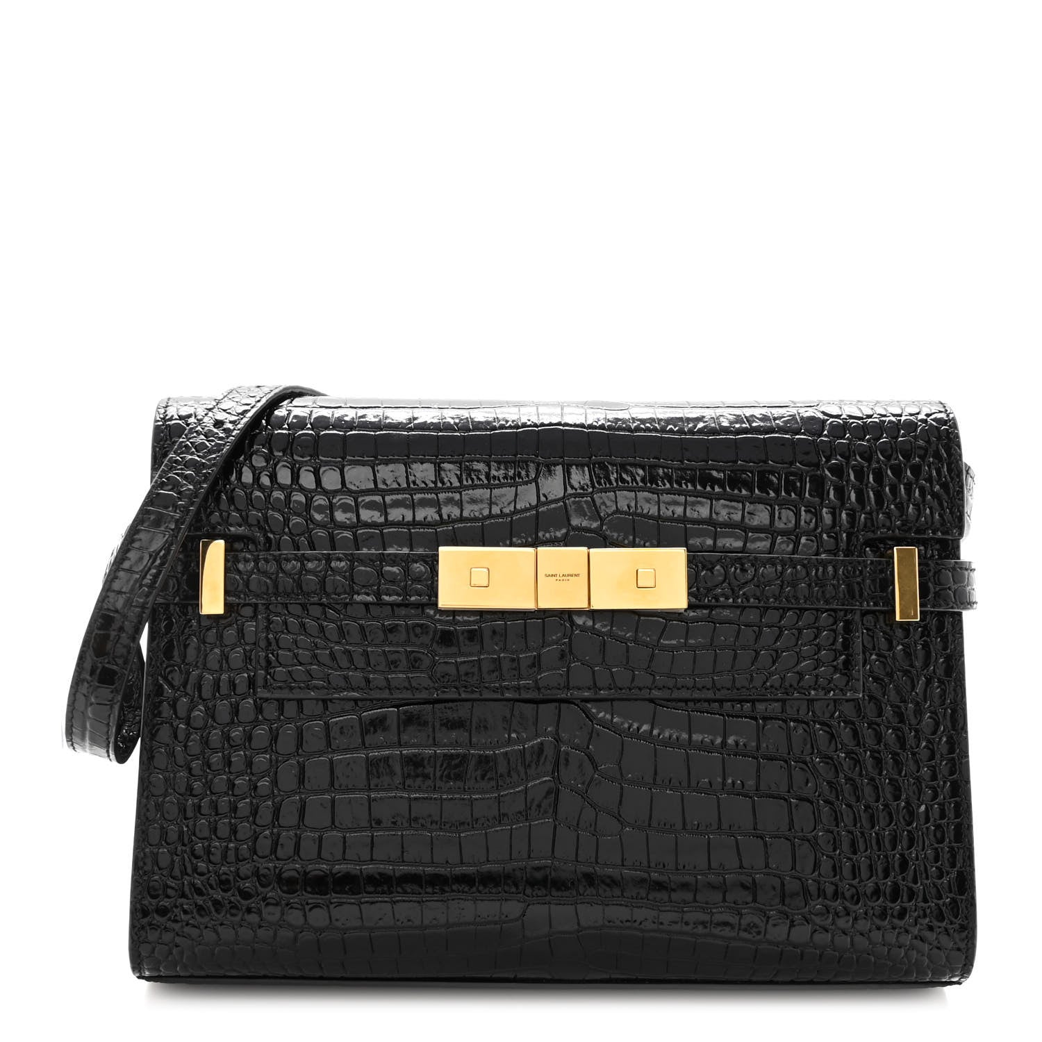 Saint Laurent Shiny Calfskin Crocodile Embossed Small Manhattan Baguette Black 1 of 9