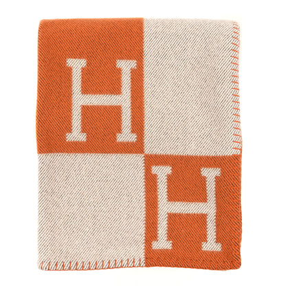 Hermes Wool Cashmere Signature Classic Avalon Blanket Ecru Potiron 1 of 3