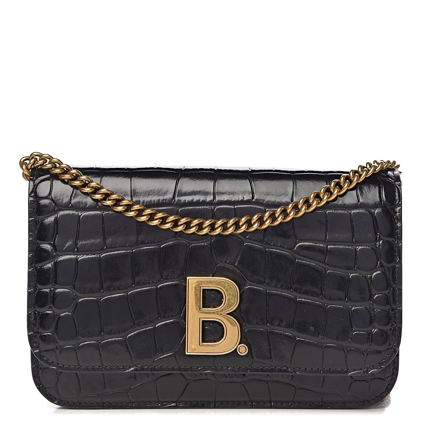 Balenciaga Crocodile Embossed Patent B Wallet On Chain Black 1 of 11